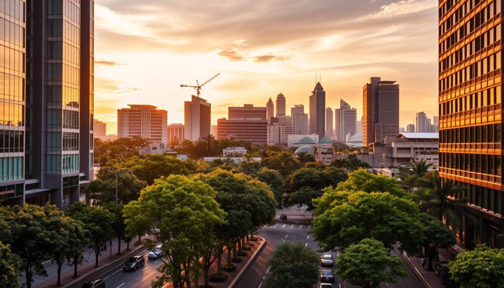 An urban landscape of Tanjong Pagar, Singapore, bathed in warm golden light. In the foreground, modern high-rise buildings with sleek glass facades and geometric designs stand tall, casting long shadows on the bustling streets below. In the middle ground, lush greenery and towering trees line the sidewalks, providing a natural contrast to the towering architecture. In the background, the iconic Singapore skyline rises up, a striking silhouette against a vibrant, sunset-colored sky. The scene evokes a sense of dynamic, cosmopolitan living, where the energy of the city is balanced by moments of tranquility and natural beauty.