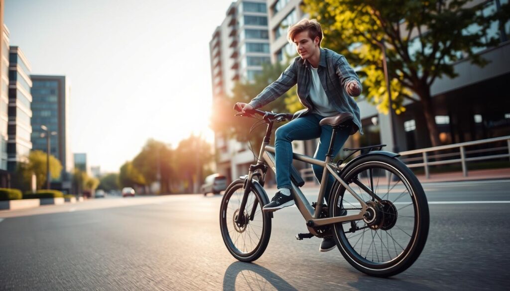 An urban street scene on a sunny day, with a person test riding a folding bicycle against a backdrop of modern buildings and trees. The cyclist is dressed in casual, comfortable attire, focusing intently on the bike's handling and responsiveness as they navigate the smooth pavement. The folding bicycle is prominently featured, its compact frame and sleek design highlighting its portability and convenience. Soft, diffused lighting casts a warm, welcoming glow, inviting the viewer to imagine themselves in the cyclist's shoes, experiencing the joy and freedom of a test ride. The scene conveys a sense of exploration, discovery, and the potential for urban mobility in a compact, versatile package.