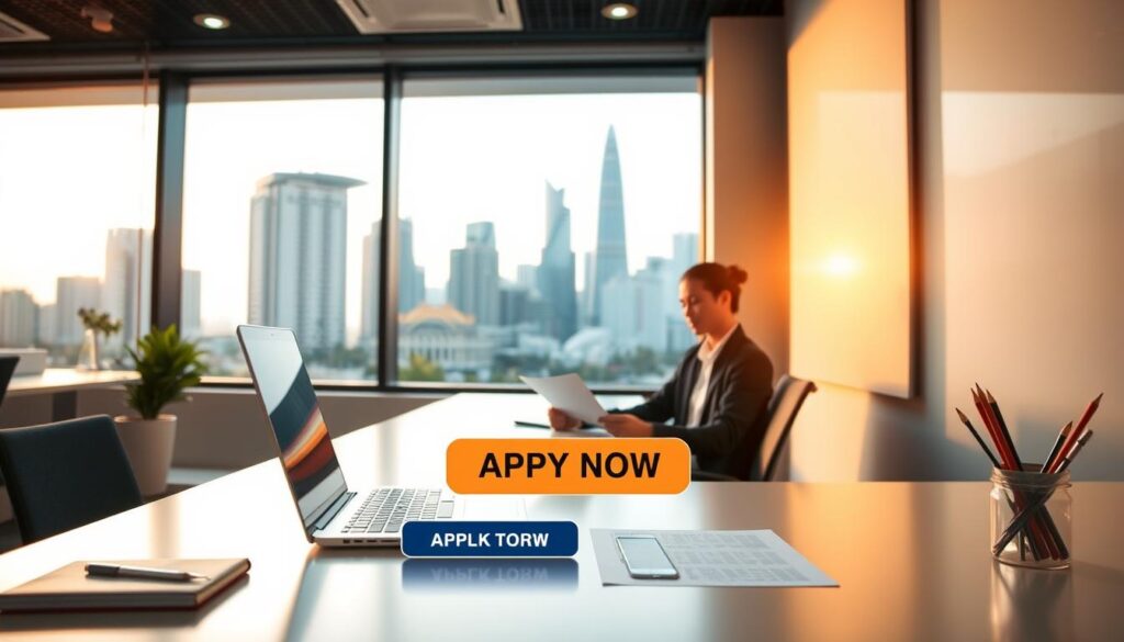 Application process for part-time jobs in Singapore. A well-lit office setting with a clean, modern aesthetic. In the foreground, a desk with a laptop, some stationery, and a "APPLY NOW" button. In the middle ground, a person seated at the desk, reviewing documents and filling out an online application form. In the background, a window overlooking the Singapore skyline, bathed in warm, golden light. The atmosphere is one of professionalism, efficiency, and opportunity, reflecting the dynamic job market in the city-state.