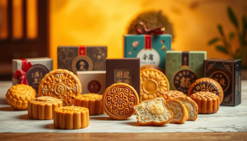 Artisanal durian mooncake brands displayed in a visually striking composition. In the foreground, an array of hand-crafted mooncakes in various shapes and sizes, adorned with intricate designs and vibrant hues. The middle ground showcases the mooncakes' packaging, featuring premium materials and elegant branding. The background sets the scene with a softly blurred, warm-toned environment, evoking a sense of artisanal craftsmanship and attention to detail. Warm lighting casts a golden glow, highlighting the mooncakes' textural qualities and inviting the viewer to appreciate the care and skill behind these delectable treats. The overall mood is one of premium quality, exclusivity, and a celebration of the durian's distinctive flavor profile.