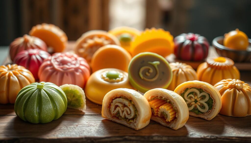 Artistic still life showcasing a variety of delectable Ang Ku Kueh. Meticulously crafted pastries in a range of vibrant colors and intricate designs, capturing the essence of this iconic Singaporean delicacy. Soft, pillowy dough encasing an array of traditional fillings, from the classic pandan and mung bean to innovative flavors like taro and pineapple. Arranged on a rustic wooden surface, with natural lighting casting a warm, inviting glow. The scene evokes a sense of culinary heritage and local cultural pride. Captured with a shallow depth of field, drawing the viewer's attention to the exquisite details of each individual Ang Ku Kueh.