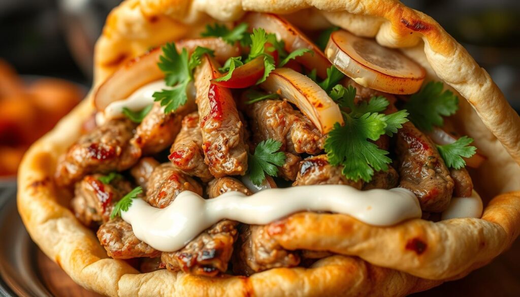 Authentic Lebanese shawarma, freshly shaved from a rotating spit, sizzling with aromatic spices. A close-up view showcases the tender, marinated meat, glistening with juices and char-grilled edges. Crisp, golden-brown pita bread wraps around the generous filling, topped with a vibrant blend of tangy pickled turnips, fresh parsley, and creamy tahini sauce. The image has a warm, inviting atmosphere, captured with soft, natural lighting and a slightly low camera angle to emphasize the satisfying, mouthwatering details of this authentic Lebanese delicacy. Authentic Lebanese shawarma, freshly shaved from a rotating spit, sizzling with aromatic spices. A close-up view showcases the tender, marinated meat, glistening with juices and char-grilled edges. Crisp, golden-brown pita bread wraps around the generous filling, topped with a vibrant blend of tangy pickled turnips, fresh parsley, and creamy tahini sauce. The image has a warm, inviting atmosphere, captured with soft, natural lighting and a slightly low camera angle to emphasize the satisfying, mouthwatering details of this authentic Lebanese delicacy.