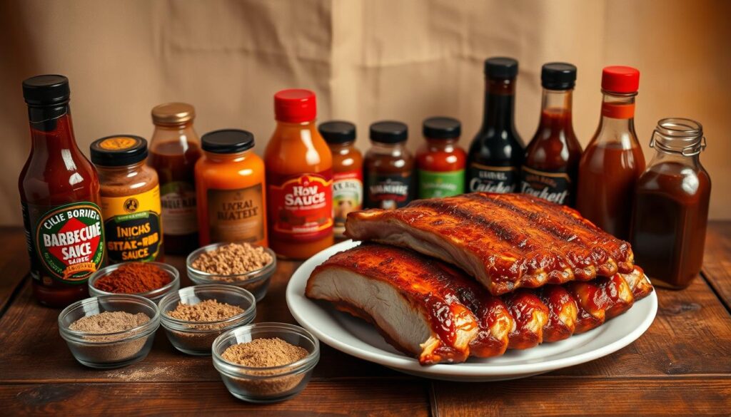 Barbecue sauces and dry rubs for ribs arranged on a rustic wooden table, illuminated by warm, golden overhead lighting. In the foreground, various bottles and jars of sauces in rich, glossy hues - tangy, sweet, and spicy - alongside an assortment of aromatic spice mixes in small bowls. The middle ground features a pristine white plate with a stack of tender, juicy pork ribs, their surface lightly charred and caramelized. In the background, a muted, earthy-toned fabric backdrop adds a cozy, inviting ambiance. Capturing the essence of the perfect accompaniments for a mouthwatering rack of ribs.