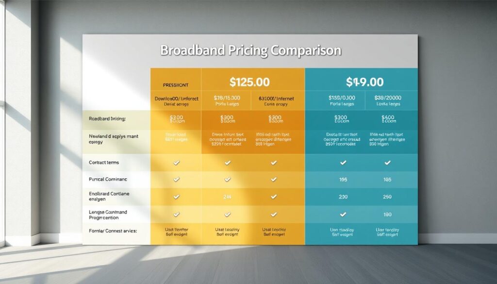 Broadband pricing comparison chart, meticulously designed with a clean, professional aesthetic. Crisp lines and minimal typography guide the viewer through a comprehensive overview of internet plan offerings. Vibrant yet muted color palette, with subtly textured backgrounds, creates an informative yet visually appealing infographic. Carefully arranged data points and icons provide a clear, concise snapshot of plan details, including download/upload speeds, monthly costs, and contract terms. Soft, directional lighting casts gentle shadows, emphasizing the clarity and structure of the layout. Positioned in a neutral, office-like setting, the chart conveys a sense of authority and trustworthiness to support the article's subject matter.
