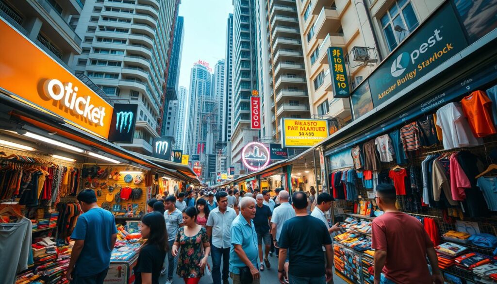 Bugis Street market, a bustling bazaar in the heart of Singapore, teeming with vendors offering an array of goods. A wide-angle shot captures the vibrant scene, with people navigating the narrow aisles lined with colorful stalls. In the foreground, a variety of local handicrafts, clothing, and souvenirs spill out, inviting visitors to explore. In the middle ground, shoppers haggle with merchants, their expressions animated as they strike deals. The background is a tapestry of towering buildings, their facades adorned with neon signs and the occasional street art, creating an atmosphere of urban energy and discovery. Warm, diffused lighting casts a soft glow over the entire scene, evoking the lively, immersive experience of Bugis Street market, a true bargain hunter's paradise. Bugis Street market, a bustling bazaar in the heart of Singapore, teeming with vendors offering an array of goods. A wide-angle shot captures the vibrant scene, with people navigating the narrow aisles lined with colorful stalls. In the foreground, a variety of local handicrafts, clothing, and souvenirs spill out, inviting visitors to explore. In the middle ground, shoppers haggle with merchants, their expressions animated as they strike deals. The background is a tapestry of towering buildings, their facades adorned with neon signs and the occasional street art, creating an atmosphere of urban energy and discovery. Warm, diffused lighting casts a soft glow over the entire scene, evoking the lively, immersive experience of Bugis Street market, a true bargain hunter's paradise.