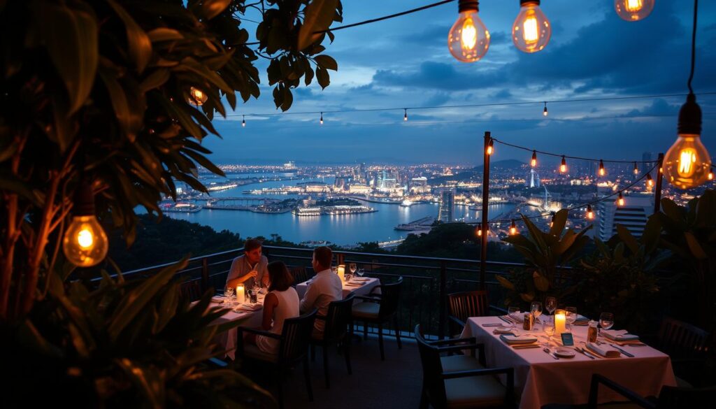 Camille restaurant nestled on the hilltop of Sentosa, with a romantic, candlelit setting overlooking the stunning Singapore skyline and the tranquil waters of the harbor. Lush tropical foliage frames the elegant outdoor dining terrace, where couples dine under the gentle glow of Edison bulbs and twinkling string lights. The scene is bathed in a warm, golden-hour light, creating a cozy, intimate atmosphere perfect for a special occasion. The camera captures this enchanting scene from a low angle, emphasizing the breathtaking view and the luxurious ambiance of the restaurant.