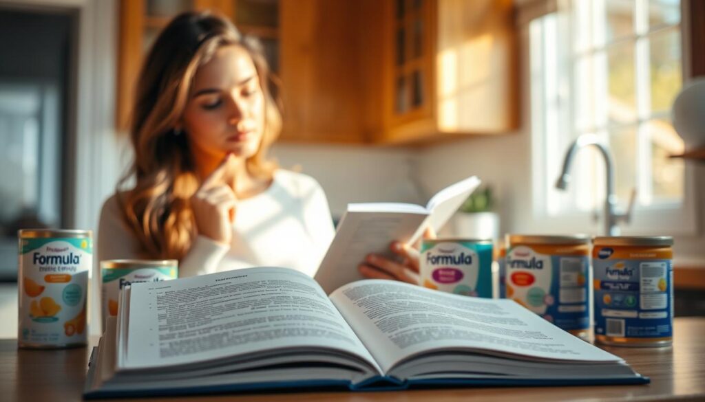 Choosing baby formula guide: a serene, sun-dappled kitchen scene. In the foreground, an open book with detailed information on infant formula selection, accompanied by various formula cans and bottles in a tasteful arrangement. The middle ground features a mother thoughtfully reviewing the contents, her expression one of careful consideration. Warm, natural lighting flows through an airy window, casting a soft glow over the scene. The background subtly blurs, emphasizing the focus on the decision-making process. The overall atmosphere is one of informed, relaxed deliberation - a thoughtful, guiding hand for new parents navigating the choices before them.