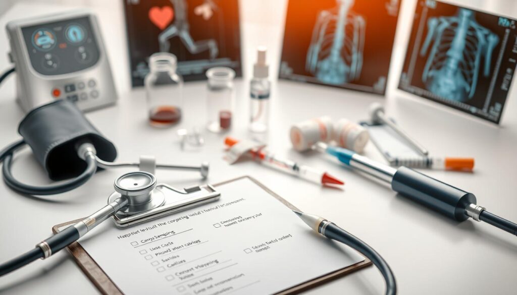 Comprehensive health screening components: a diagnostic still life showcasing a range of medical tools and instruments arranged with precision on a white tabletop. In the foreground, a stethoscope, thermometer, and blood pressure cuff lie alongside a clipboard with a checklist of procedures. In the middle ground, a glass vial, syringe, and bandages suggest comprehensive blood and tissue sampling. In the background, an x-ray film and a modern digital display monitor the body's inner workings. Soft, natural lighting accentuates the clinical yet caring atmosphere, inviting the viewer to experience a thorough, compassionate health evaluation.