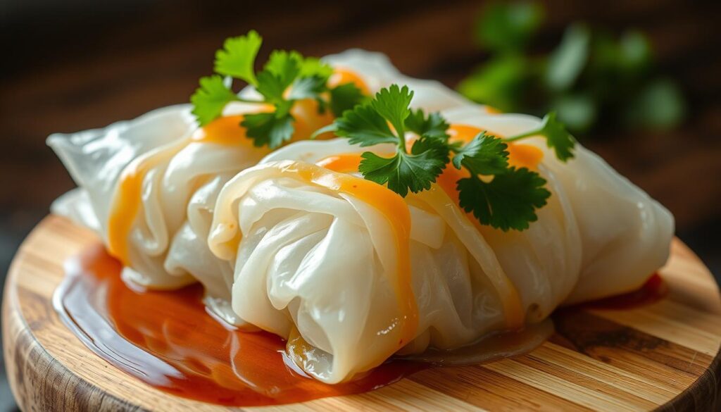 Delicate and translucent rice noodle rolls, glistening with a light sheen, nestled atop a wooden serving board. The noodles are expertly hand-crafted, showcasing their signature soft and pillowy texture. Garnished with fresh coriander and a drizzle of sweet soy sauce, the vibrant colors create a visually appealing and appetizing composition. Soft, natural lighting illuminates the scene, highlighting the noodles' intricate folds and the subtle sheen of the sauce. The overall mood is one of artisanal craftsmanship and authentic Singaporean cuisine.