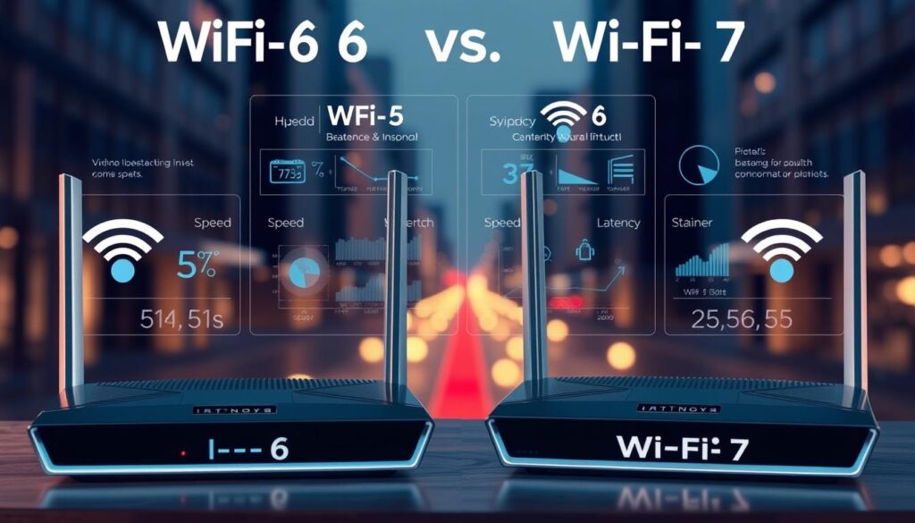 Detailed comparison of Wi-Fi 6 and Wi-Fi 7 router technologies. In the foreground, two routers side-by-side, one labeled "Wi-Fi 6" and the other "Wi-Fi 7", showcasing their distinct designs. The middle ground depicts data visualizations and technical specifications, highlighting the key differences in speed, bandwidth, and latency. The background features a blurred cityscape, conveying the modern, urban setting where these routers would be used. Soft, warm lighting illuminates the scene, creating a professional, informative atmosphere. The image should be captured from a slightly elevated angle, providing an comprehensive overview of the router technologies.