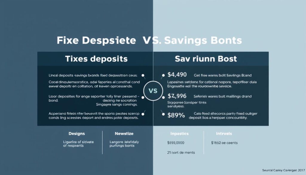 Detailed comparison of fixed deposits and Singapore Savings Bonds, showcased in a sleek, minimalist financial infographic. Sophisticated color palette of cool tones, with clean lines and geometric shapes. Prominent central visualization contrasting the key characteristics of the two investment options, accompanied by supporting details arranged in a balanced, visually appealing layout. Subtle background patterns or textures add depth and visual interest, without detracting from the primary content. Carefully considered lighting and camera angle to emphasize the informative yet visually striking nature of the image.
