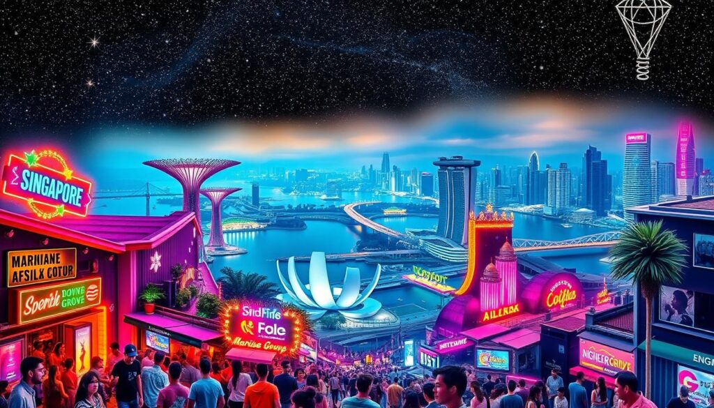 Detailed map of Singapore's bustling nightlife districts, showcased under a starry, neon-lit sky. In the foreground, a vibrant street scene with lively crowds, colorful signage, and lively nightclubs. The middle ground features the iconic Marina Bay skyline, with the iconic Supertree Grove and ArtScience Museum illuminated. In the background, a hazy, atmospheric cityscape stretches out, dotted with high-rise buildings and bridges. The image captures the energy, excitement, and cosmopolitan vibe of Singapore's top nightlife spots, inviting the viewer to explore the city's dynamic after-dark offerings.