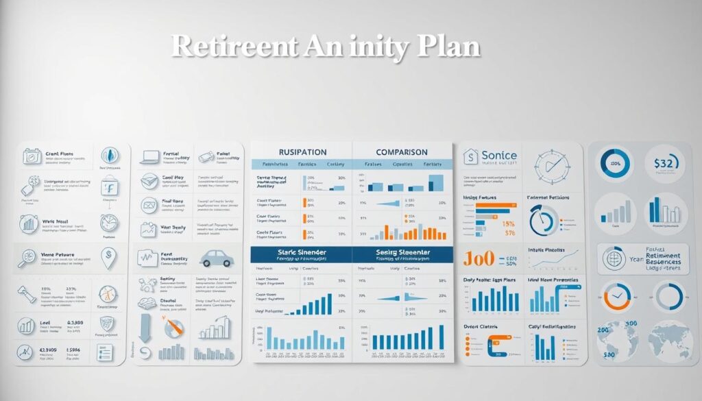 Detailed retirement annuity plan comparison set against a clean, neutral background. Foreground features meticulously rendered icons and infographics showcasing key features, returns, and other financial details of leading retirement plans. Middle ground displays comparison charts and data visualizations for easy side-by-side evaluation. Soft, muted lighting casts a professional, authoritative atmosphere. Camera angle is eye-level, providing a comprehensive overview. Composition is balanced and harmonious, guiding the viewer's attention to the most salient information. Color palette is sophisticated, utilizing a restrained palette of blues, grays, and subtle accents to convey a sense of trust and reliability.