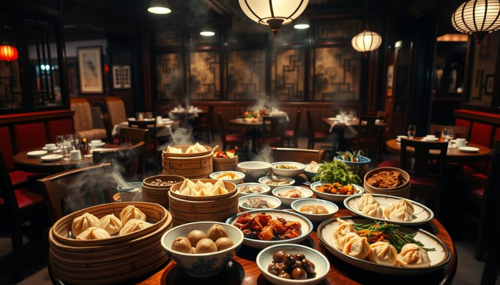 Dimly lit interior of a traditional Cantonese dim sum restaurant, with wooden tables and chairs, warm lighting, and red accents. On the tables, an array of steaming bamboo baskets and ceramic dishes, showcasing a variety of classic dim sum offerings: juicy pork dumplings, delicate shrimp dumplings, flaky barbecue pork buns, and vibrant vegetable dishes. The scene is captured from a low angle, emphasizing the bountiful spread of flavors and textures, inviting the viewer to savor the rich culinary experience.
