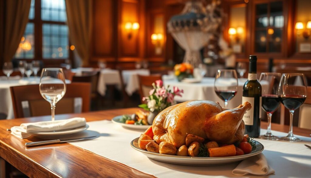 Dining ambiance roast chicken: Warm, inviting restaurant interior with soft, golden lighting casting a cozy glow over a wooden table set with a crisp white tablecloth. In the center, a whole, golden-brown roast chicken, steam rising from its tender, juicy meat, surrounded by roasted vegetables and accompanied by a decanter of rich, red wine. Elegant place settings, a centerpiece of fresh flowers, and the faint aroma of herbs and spices create an atmosphere of refined, yet relaxed, dining experience.