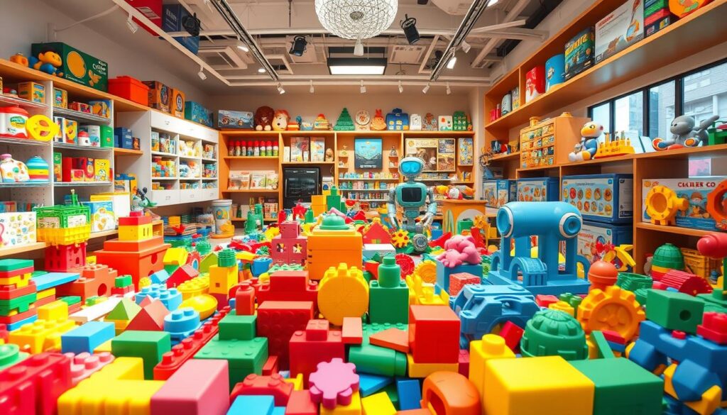 Educational toys Singapore, a vibrant display of learning and play. In the foreground, a diverse array of colorful building blocks, puzzles, and shape-sorting toys, inviting young minds to explore and discover. The middle ground showcases interactive science kits, coding robots, and electronic learning aids, sparking curiosity and critical thinking. The background features warm, natural lighting, creating a nurturing and engaging atmosphere for children to thrive. Captured through a wide-angle lens, the scene conveys a sense of exploration and wonder, reflecting the essence of an educational-focused toy store in Singapore.