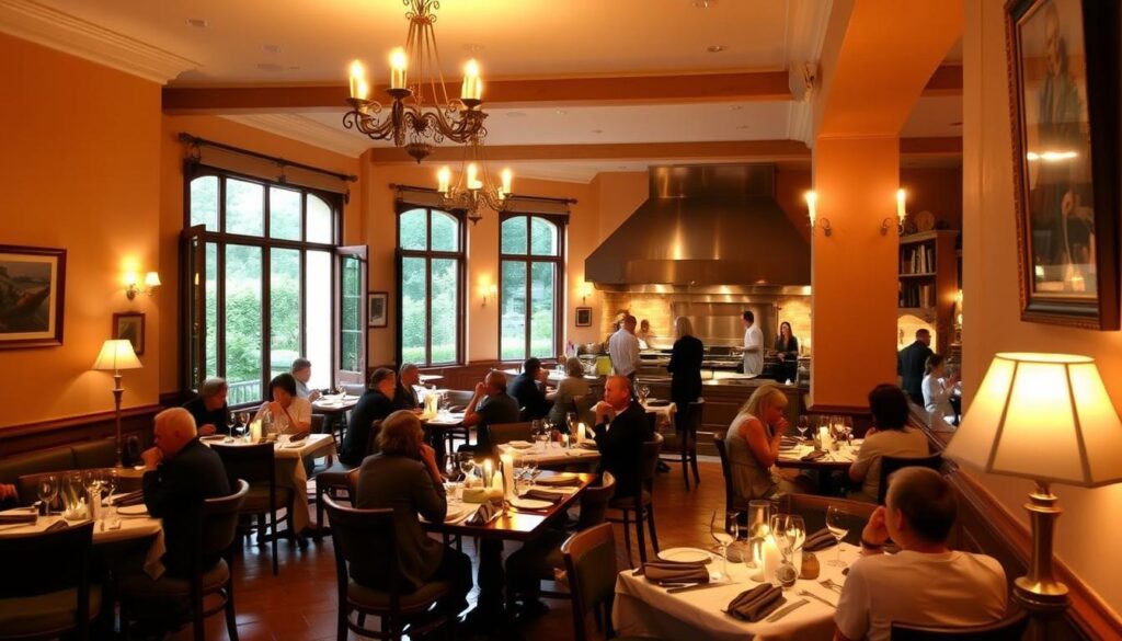 Elegant Italian dining experience at Casa Pietrasanta: a cozy, candlelit interior with warm, terracotta-tiled floors and walls adorned with framed artwork. Guests seated at wooden tables, savoring authentic Tuscan cuisine, as the soft light from hanging chandeliers creates a tranquil, intimate atmosphere. In the background, a large open kitchen bustles with chefs preparing dishes, while tall windows offer glimpses of lush, verdant gardens outside. Capture the essence of this refined, yet welcoming, Tuscan-inspired restaurant setting.