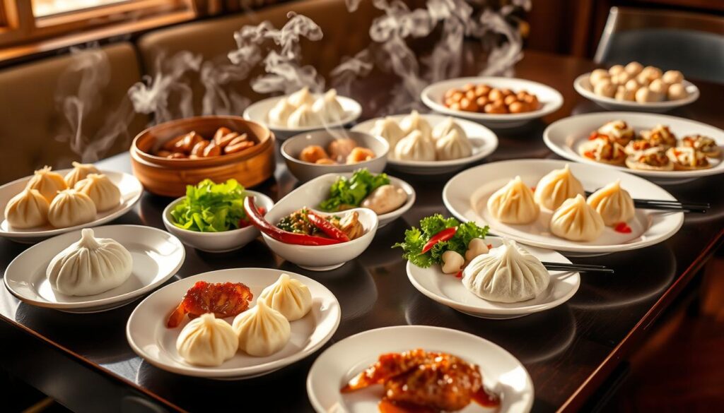 Elegant dim sum feast presentation on a dark wooden table, bathed in warm, golden lighting. Pristine white porcelain plates showcasing an array of delicate dumplings, from the glistening char siu bao to the delicate crystal shrimp dumplings. Fragrant steam rises, drawing the eye to the careful arrangement of vibrant greens, red chili peppers, and garnishes that accentuate the presentation. The scene exudes a sense of refined sophistication, reflecting the award-winning elegance of the Si Chuan Dou Hua restaurant.