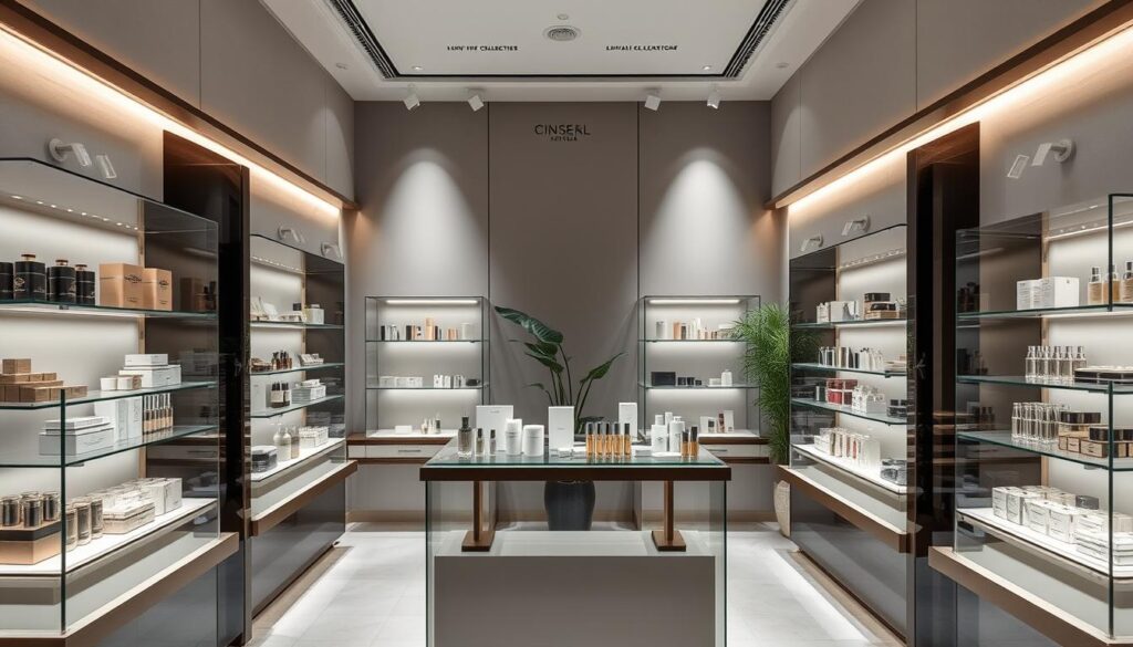 Elegant display of luxury cosmetic collections in a high-end retail store. Sleek glass display cases showcase a curated selection of premium makeup, skincare, and fragrance products. Soft, warm lighting gently illuminates the translucent packaging, highlighting the luxurious textures and artful designs. Minimalist shelving and fixtures create a sophisticated, gallery-like ambiance. In the background, a neutral color palette of muted grays, whites, and subtle metallics, with a touch of greenery to add a natural, organic element. The overall scene conveys a sense of exclusivity, quality, and refined aesthetic, befitting a premier cosmetics destination.