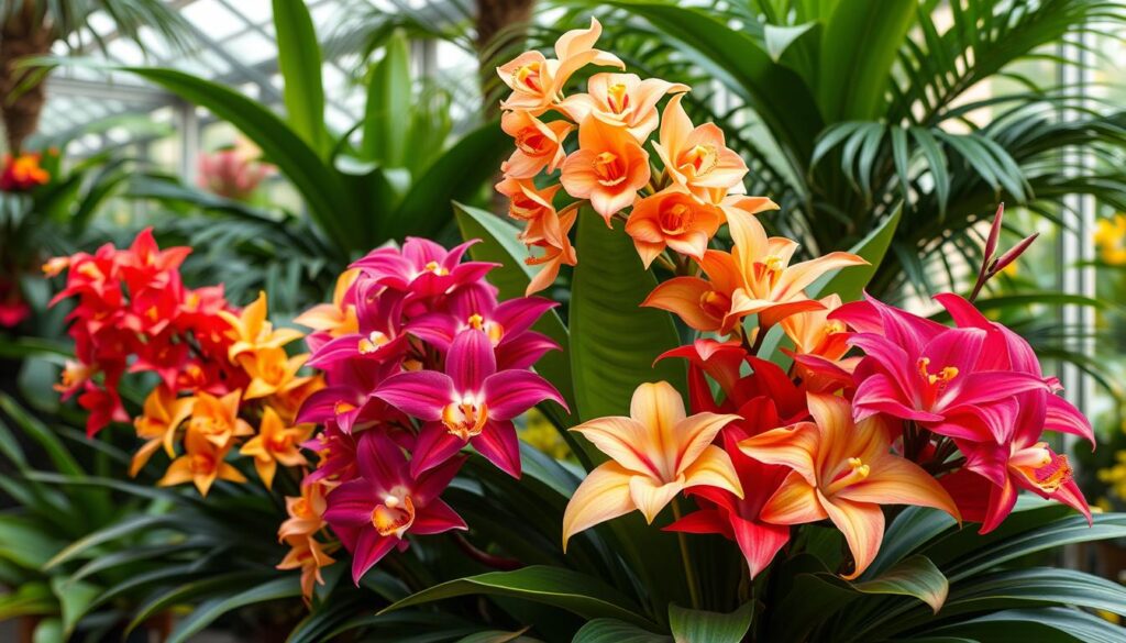 Elegant floral arrangements in a lush, tropical greenhouse setting. Vibrant bouquets of exotic blooms - orchids, anthuriums, heliconia - artfully displayed against a backdrop of verdant foliage. Warm, diffused lighting creates a serene, inviting atmosphere. The compositions showcase precise attention to color, texture, and form, reflecting the skill and creativity of award-winning botanical designers. Close-up and medium shots capture the intricate details and visual harmony of these stunning, one-of-a-kind creations. An oasis of natural beauty that inspires wonder and admiration. Elegant floral arrangements in a lush, tropical greenhouse setting. Vibrant bouquets of exotic blooms - orchids, anthuriums, heliconia - artfully displayed against a backdrop of verdant foliage. Warm, diffused lighting creates a serene, inviting atmosphere. The compositions showcase precise attention to color, texture, and form, reflecting the skill and creativity of award-winning botanical designers. Close-up and medium shots capture the intricate details and visual harmony of these stunning, one-of-a-kind creations. An oasis of natural beauty that inspires wonder and admiration.