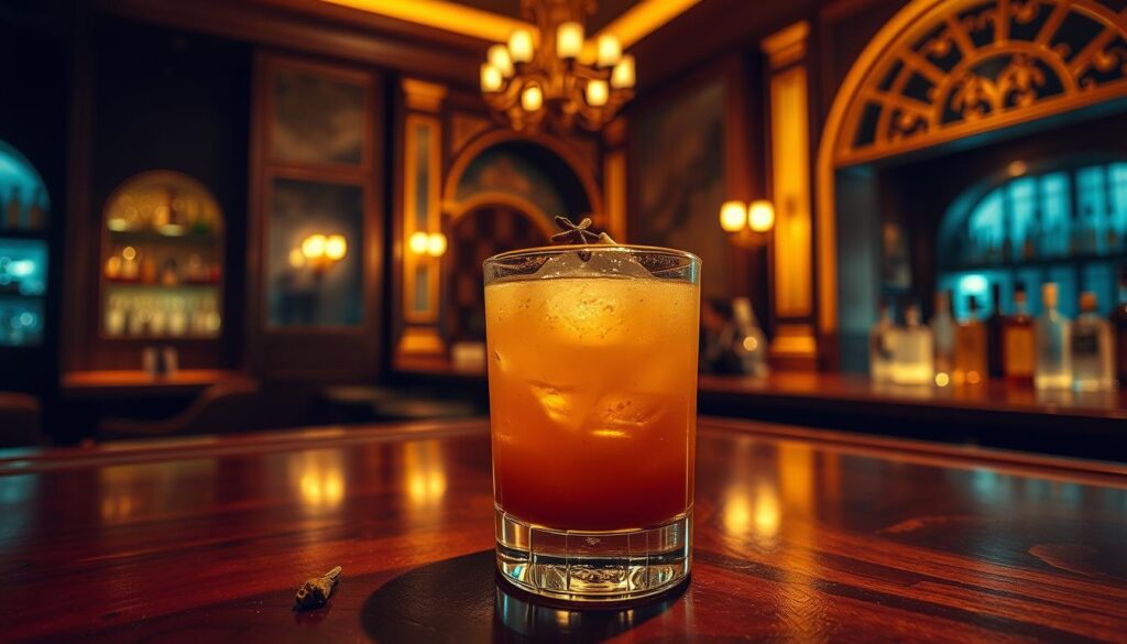 Elegant nutmeg and clove-infused cocktail bar, set against a backdrop of vintage Singaporean architectural details. Dimly lit ambiance with warm, golden lighting that highlights the rich, spiced aroma of the drink. A hand-carved wooden bar counter takes center stage, its surface polished to a glossy sheen. Delicate cloves and freshly grated nutmeg adorn the expertly mixed beverage, creating a visually captivating and sensorial experience. Subtle hints of colonial-era charm blend seamlessly with modern design elements, evoking Singapore's rich cultural heritage. Smooth, moody camera angle showcases the alluring, complex cocktail in all its glory.