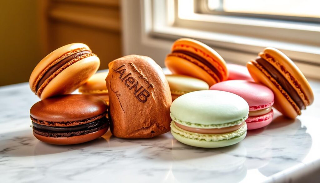 Exquisite French macaron pastries from Laurent Bernard Chocolatier, delicately arranged on a marble surface. The macarons feature a variety of vibrant colors, ranging from rich chocolate brown to soft pastel shades. The glossy, smooth shells contrast with the light, airy interiors, hinting at the decadent fillings within. Natural lighting streams in from a nearby window, casting a warm, golden glow over the scene and highlighting the textural details. The overall composition evokes a sense of sophisticated indulgence, inviting the viewer to savor the delicate balance of flavors and textures that define the renowned Laurent Bernard macaron experience.