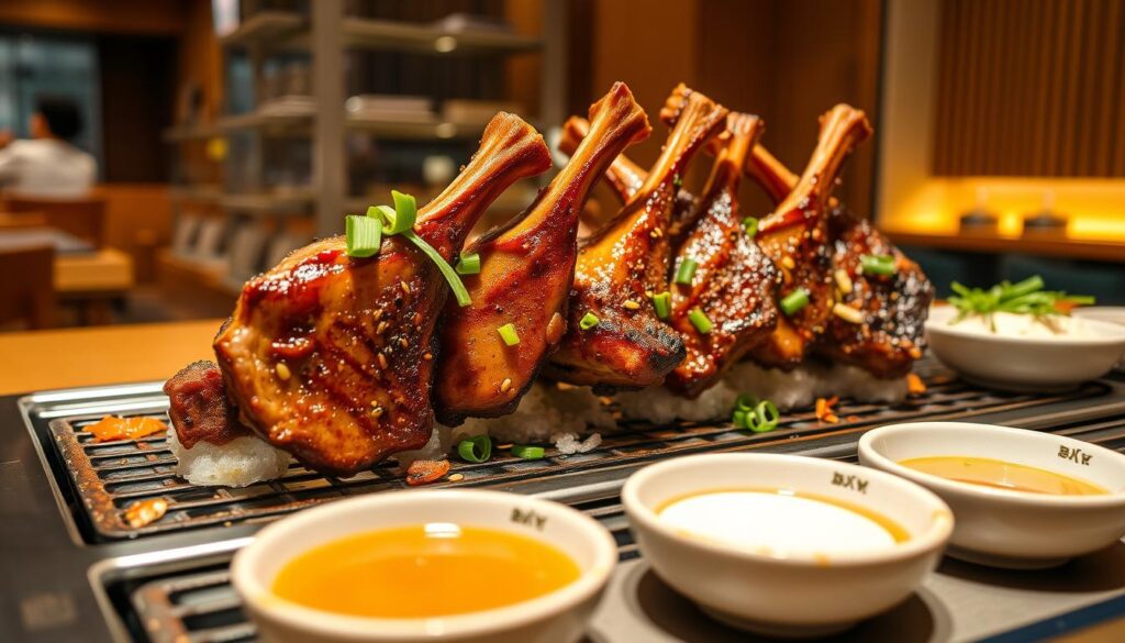 Foreground: Sizzling lamb chops, marinated in a savory halal spice blend, caramelized to perfection on a traditional yakiniku grill. Garnished with fresh scallions and sesame seeds. Middle: An array of specialty dipping sauces, from a piquant garlic-infused ponzu to a creamy miso-sesame dressing, presented in small ceramic bowls. Background: A sleek, modern Japanese BBQ restaurant interior, with minimalist decor, warm wood tones, and soft, diffused lighting illuminating the table setting. Prompt A high-quality, high-resolution photograph of sizzling halal lamb chops and an assortment of specialty dipping sauces on a traditional yakiniku grill, set against a backdrop of a modern Japanese BBQ restaurant interior with warm lighting and minimalist decor.
