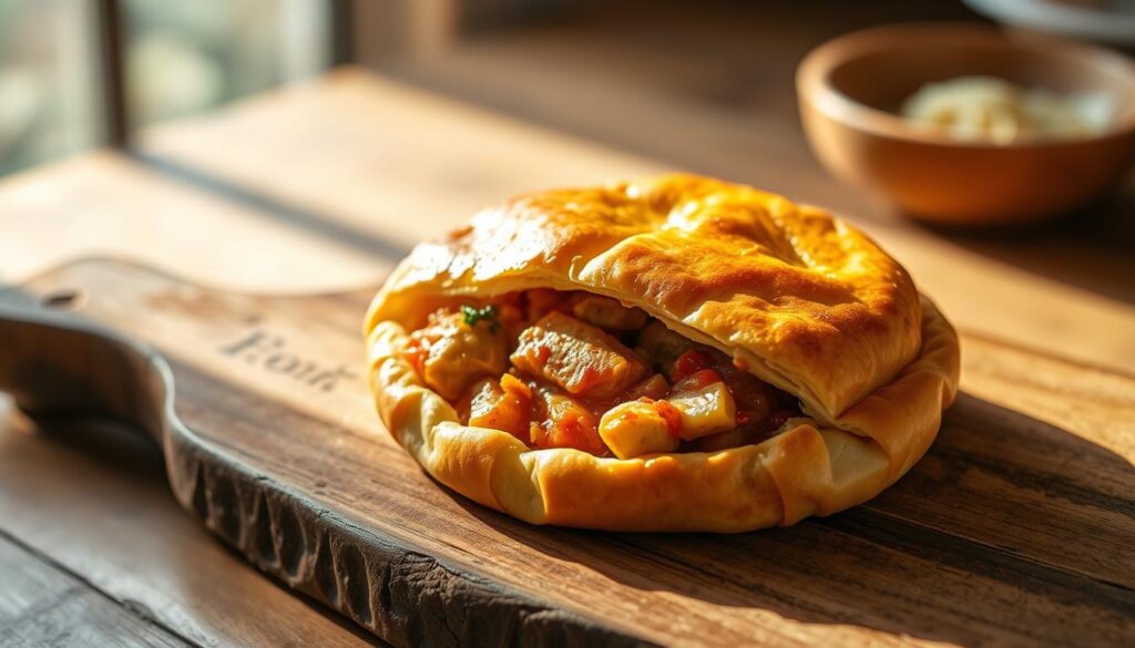 Freshly baked signature chicken pie with a golden, flaky crust, showcasing a generous filling of tender chicken, aromatic herbs, and a rich, savory sauce. The pie is presented on a rustic wooden board, bathed in warm, natural lighting that casts soft shadows, highlighting the inviting texture of the pastry. The scene evokes a cozy, homemade atmosphere, capturing the essence of the "Don Pie" brand's commitment to using high-quality, locally sourced ingredients and traditional baking techniques to deliver a truly exceptional culinary experience.