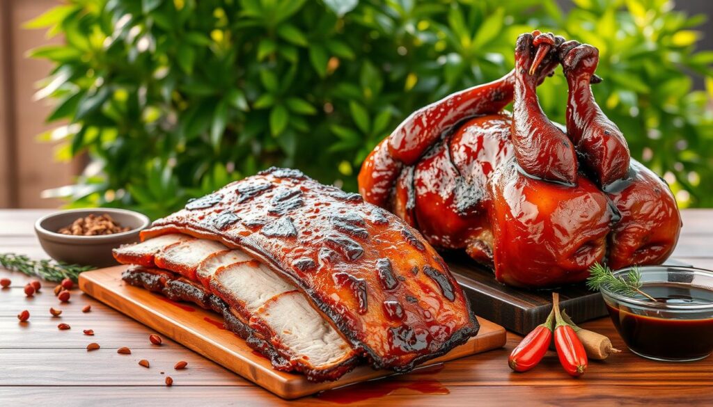 Freshly roasted crispy-skinned pork belly and succulent Cantonese-style roast duck, arranged on a wooden table against a backdrop of lush greenery. The rich, caramelized pork glistens under warm, directional lighting, while the lacquered duck skin reflects the scene with a subtle sheen. The layout is carefully composed, with the roasted meats taking center stage, surrounded by aromatic spices, herbs, and sauces. The overall mood is one of culinary excellence and appetizing indulgence, inviting the viewer to savor the delectable roast pork and duck specialties.