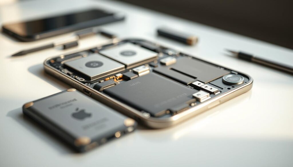 High-quality iPhone battery parts arranged neatly on a clean, well-lit surface. Close-up view showcasing the precision engineering and intricate components that make up a top-tier smartphone battery. Soft, directional lighting highlights the metallic accents and the subtle textures of the battery cells, connectors, and circuit board. Shallow depth of field places the primary battery elements in sharp focus, with a softly blurred background to draw the viewer's attention. Conveys a sense of reliability, quality, and technical expertise required for premium iPhone battery replacements.