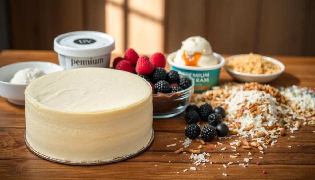 High-quality ice cream cake ingredients arranged on a wooden table in a warm, natural light. In the foreground, a luscious vanilla sponge cake, freshly baked and ready to be layered. Beside it, a bowl of rich, creamy chocolate ganache and a container of premium vanilla bean ice cream. In the middle ground, plump, juicy berries and a drizzle of caramel sauce. The background features a scattering of chopped nuts, shredded coconut, and a variety of colorful sprinkles, ready to be artfully assembled into a decadent, visually stunning ice cream cake. The overall scene evokes a sense of indulgence, quality, and the promise of a delightful dessert experience.