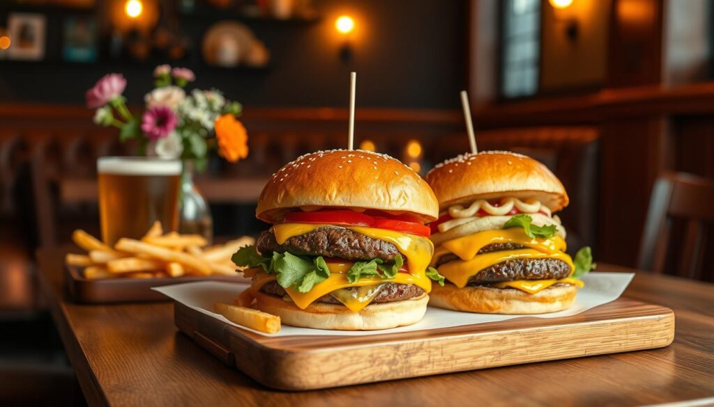 High-quality premium burgers on a wooden table in a cozy, well-lit cafe setting in Singapore. The burgers have thick, juicy patties, gooey cheese, fresh toppings, and are served with crispy golden fries. The table is adorned with a vase of flowers and a glass of craft beer, creating a sophisticated ambiance. The lighting is warm and softly illuminates the scene, highlighting the mouthwatering details of the burgers. The camera angle is slightly elevated, providing a tantalizing perspective of the premium dining experience.