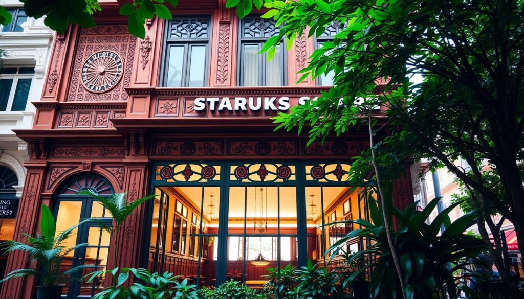 Katong Square Starbucks, a stunning Peranakan heritage building standing tall amidst the vibrant streetscape. The ornate facade, adorned with intricate floral motifs and decorative tiles, exudes a warm, inviting ambiance. Through the large windows, the interior beckons, bathed in soft, natural lighting that filters through the high ceilings and polished wooden furnishings. Potted plants and antique-inspired decor enhance the cozy, sophisticated atmosphere, transporting patrons to a bygone era. The building's striking silhouette is framed by lush tropical foliage, creating a harmonious blend of architectural heritage and lush greenery. A serene, inviting scene that perfectly encapsulates the rich Peranakan heritage of this iconic Katong Square landmark.