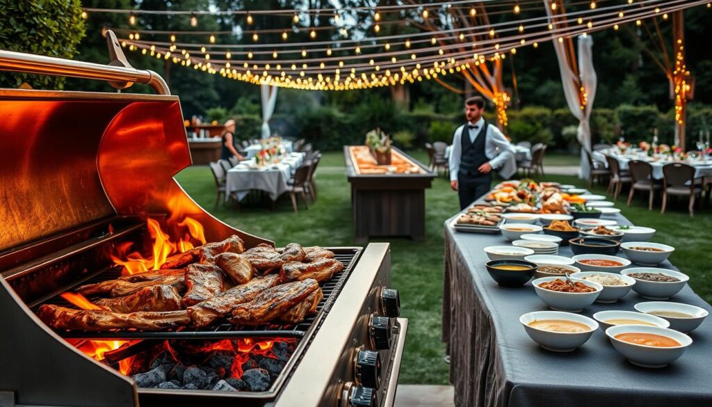 Lush outdoor scene featuring a premium BBQ catering setup. In the foreground, an expertly-grilled selection of meats sizzle over a sleek stainless steel grill, while charcoal briquettes smolder below, casting a warm, smoky glow. In the middle ground, a long buffet table is laden with an array of mouthwatering side dishes and sauces, presented in stylish platters and bowls. The background showcases a beautifully decorated outdoor dining area, with string lights draped overhead, creating a cozy, inviting ambiance. Servers in crisp uniforms move gracefully, attending to every guest's needs. The overall scene exudes a sense of quality, attention to detail, and exceptional culinary craftsmanship. Lush outdoor scene featuring a premium BBQ catering setup. In the foreground, an expertly-grilled selection of meats sizzle over a sleek stainless steel grill, while charcoal briquettes smolder below, casting a warm, smoky glow. In the middle ground, a long buffet table is laden with an array of mouthwatering side dishes and sauces, presented in stylish platters and bowls. The background showcases a beautifully decorated outdoor dining area, with string lights draped overhead, creating a cozy, inviting ambiance. Servers in crisp uniforms move gracefully, attending to every guest's needs. The overall scene exudes a sense of quality, attention to detail, and exceptional culinary craftsmanship.