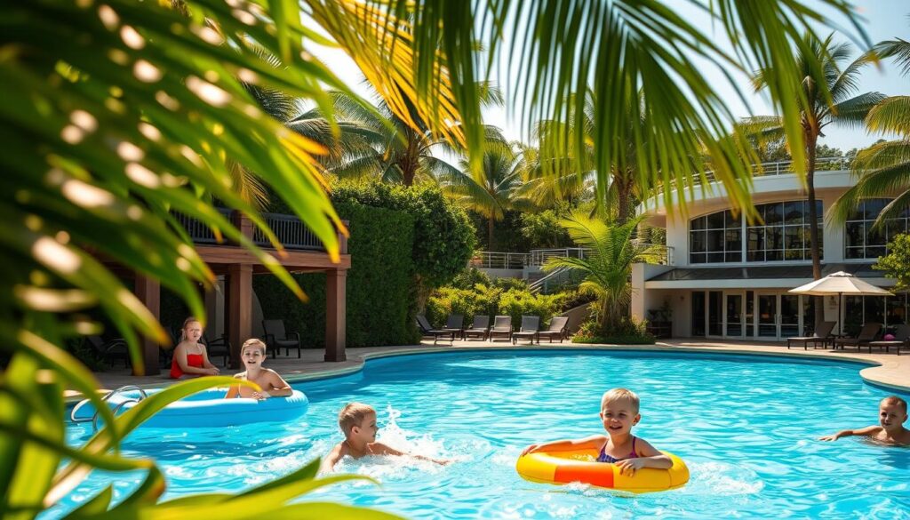 Lush tropical foliage frames a sparkling swimming pool, with families enjoying the clear azure waters. In the foreground, children splash and play on a colorful inflatable water slide, their laughter echoing through the sun-dappled scene. A poolside cabana provides shaded relaxation, its cozy seating inviting guests to unwind. Beyond, a state-of-the-art fitness center with floor-to-ceiling windows overlooks the verdant resort grounds. The warm, golden light of the afternoon sun creates a tranquil, welcoming atmosphere, perfectly capturing the essence of a family-friendly resort with exceptional amenities.
