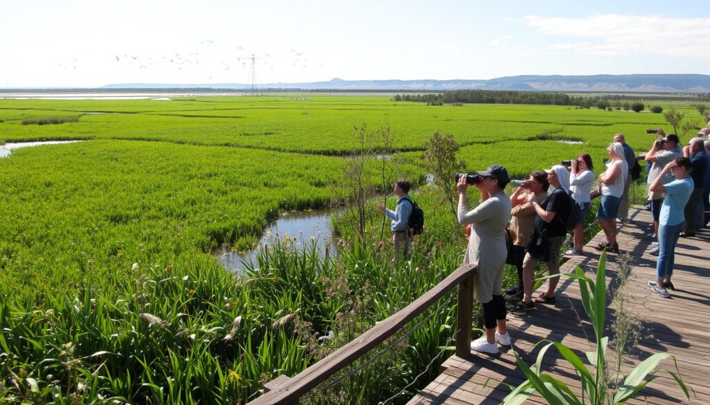 Lush, verdant marshlands teeming with vibrant birdlife, sunlight filtering through swaying reeds, creating a serene, tranquil atmosphere. In the foreground, a wooden observation deck overlooking shimmering waters, where birdwatchers equipped with binoculars and cameras eagerly await the arrival of migratory species. The middle ground showcases a diverse array of wetland flora, from delicate wildflowers to towering mangrove trees. In the distance, the horizon is dotted with undulating hills, creating a picturesque backdrop for this avian paradise. The scene is captured with a wide-angle lens, emphasizing the expansive, immersive nature of this remarkable natural sanctuary.