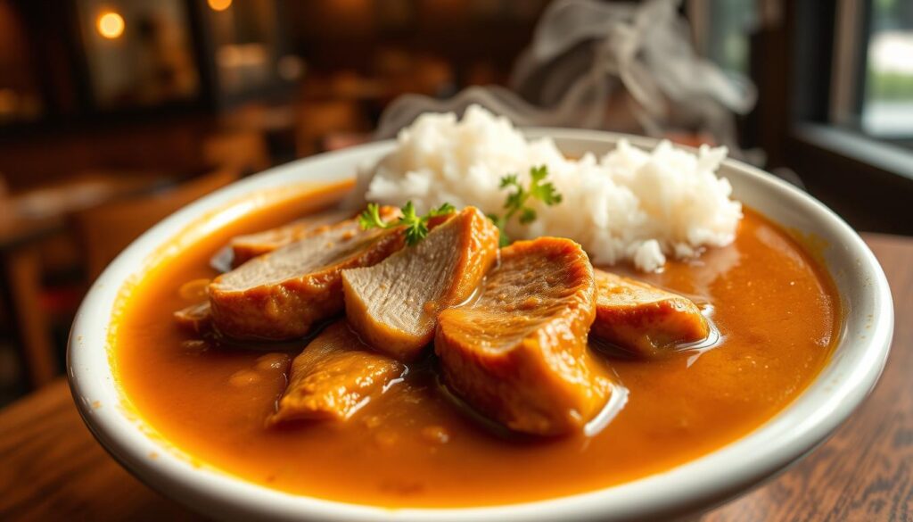 Maji Curry signature dish: a steaming hot bowl of fragrant Japanese curry, the rich, velvety sauce enveloping tender slices of pork, accompanied by fluffy white rice. The plate is set against a backdrop of a cozy, intimate restaurant interior, soft lighting casting a warm glow over the scene. The composition highlights the intricate textures and colors of the dish, drawing the viewer's attention to the mouthwatering details. A sense of culinary excellence and attention to detail permeates the image, reflecting the award-winning reputation of Maji Curry.