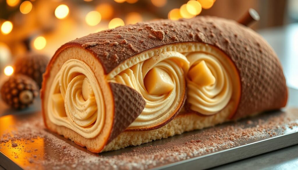 Mao Shan Wang durian log cake, a sumptuous holiday dessert. Atop a golden sponge base, luscious durian cream swirls in elegant layers, punctuated by chunks of the prized Mao Shan Wang variety. Soft, ripe durian infuses the entire confection with its distinct aroma and flavor. Dusted with a light coating of cocoa powder, the cake glistens under warm, diffused lighting, casting a comforting glow. Captured at a slight angle, the composition highlights the cake's moist, rich texture and appealing presentation, perfect for a festive Christmas celebration.