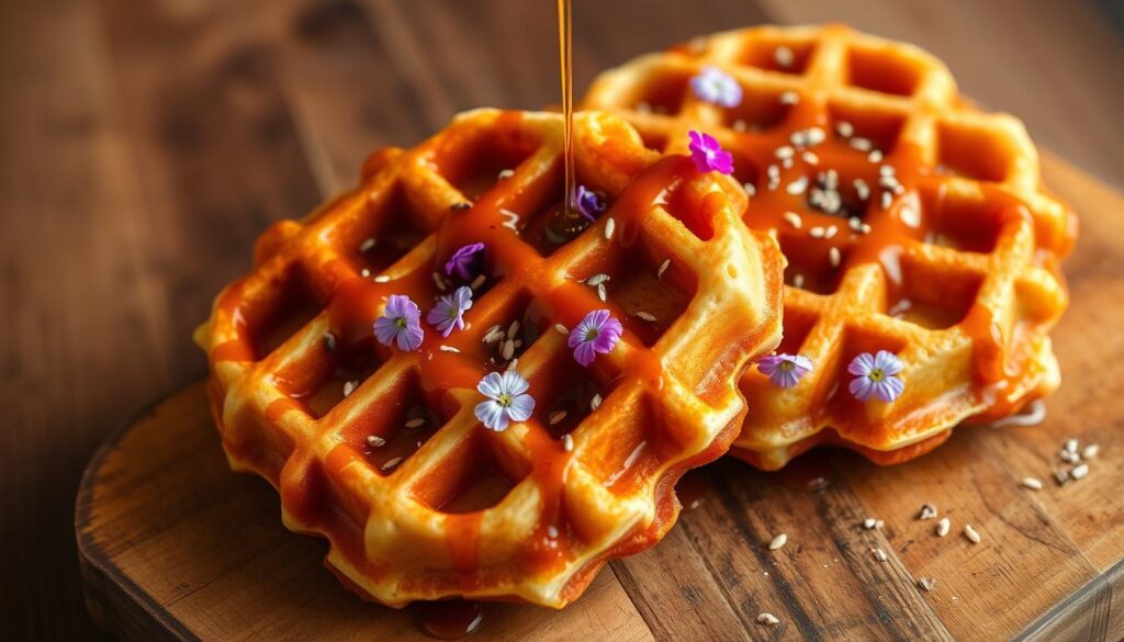 Nian gao waffles, a delightful fusion of traditional Chinese new year cake and fluffy Belgian waffles. Showcased on a rustic wooden table, the waffle's golden-brown exterior glistens under warm, soft lighting. Intricate patterns of the nian gao are visible, contrasting with the crisp, waffle texture. Drizzles of sweet, caramelized syrup cascade over the waffles, adding depth and complexity to the flavors. Delicate edible flowers and a sprinkling of toasted sesame seeds complete the artful presentation, elevating this unique waffle creation into a true work of culinary art.