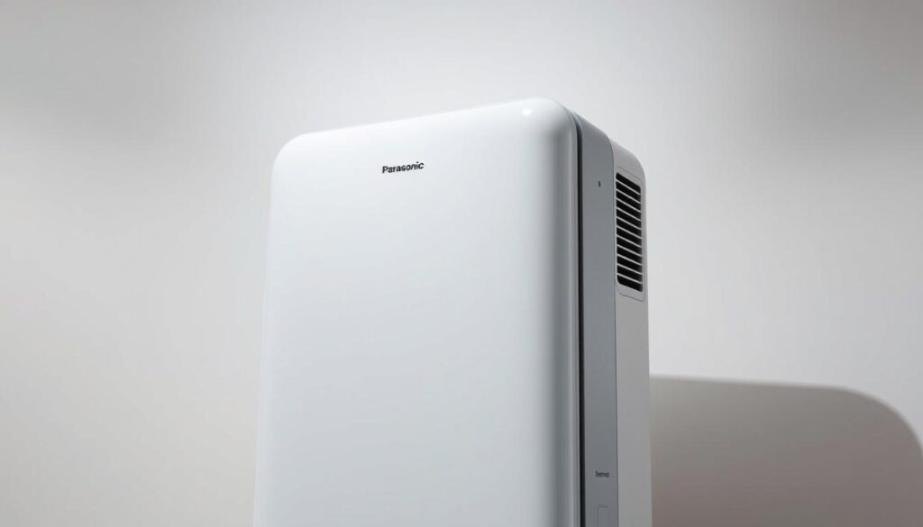 Panasonic health-focused air purification: a sleek, minimalist air purifier set against a clean, well-lit backdrop. The device features a distinctive Panasonic design with smooth, rounded edges and a discrete control panel. Bright, diffused lighting illuminates the purifier's surface, highlighting its high-quality construction and attention to detail. The background is a soft, neutral palette, allowing the purifier to take center stage. A sense of purity, efficiency, and advanced technology pervades the scene, conveying Panasonic's commitment to healthy indoor air quality.