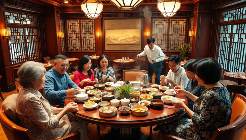Prompt A cozy and inviting dim sum dining experience unfolding in a family-friendly setting. Warm lighting casts a soft glow over a spacious restaurant interior with ornate wood furnishings and elegant Chinese decor. A central round table is surrounded by cheerful diners enjoying a variety of steaming dim sum dishes, their lively chatter creating a convivial atmosphere. In the background, servers gracefully navigate the room, refilling teacups and delivering fresh plates. The scene evokes a sense of tradition, comfort and togetherness, perfect for a relaxed and delightful family meal.