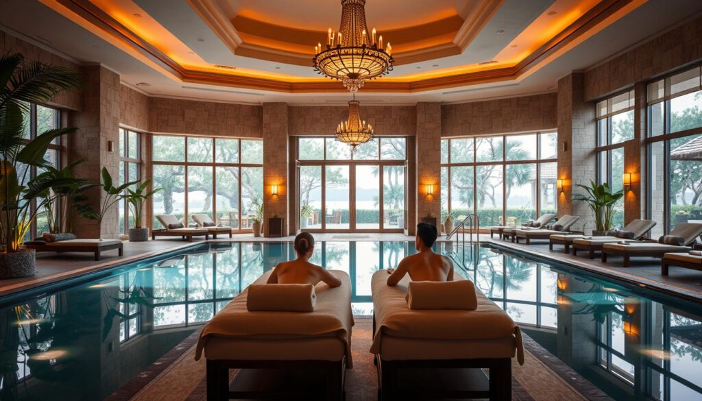 Prompt A luxurious hotel spa, bathed in soft, warm lighting. The foreground features a serene, tranquil indoor pool surrounded by plush lounge chairs and lush tropical plants. In the middle ground, a couple relaxes side-by-side on massage tables, receiving a pampering couple's massage amidst the soothing ambiance. The background showcases the elegant, high-ceilinged spa interior with natural stone walls, opulent chandeliers, and large windows offering a picturesque garden view. The overall atmosphere evokes a sense of ultimate relaxation, indulgence, and escape from the outside world.