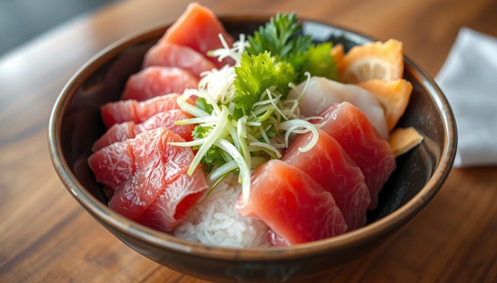 Prompt A premium chirashi bowl resting on a wooden table, filled with an assortment of the freshest, high-quality sashimi slices arranged artfully. Vibrant colors of ruby-red tuna, pearly white salmon, and delicate yellowtail slivers glisten under the soft, natural lighting. The bowl is accented with pops of green from delicately placed shredded nori, crisp daikon, and a scattering of toasted sesame seeds. The overall presentation is both visually stunning and mouthwatering, inviting the viewer to indulge in this indulgent, high-end Japanese delicacy.