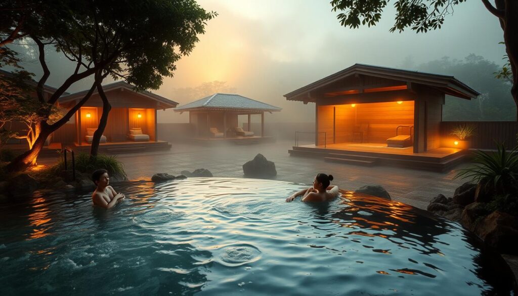 Prompt A serene Japanese onsen nestled in the heart of Singapore, surrounded by lush greenery and tranquil streams. The foreground features a steaming outdoor hot spring pool, with bathers immersed in the therapeutic waters, their faces reflecting a sense of deep relaxation. In the middle ground, elegant wooden structures house private indoor bathing areas, their traditional architecture blending seamlessly with the natural environment. The background depicts a misty, atmospheric sky, casting a warm, golden glow over the entire scene, creating a calming and immersive experience. Soft lighting accentuates the natural textures and materials, evoking the essence of an authentic Japanese onsen in the bustling city-state. Prompt A serene Japanese onsen nestled in the heart of Singapore, surrounded by lush greenery and tranquil streams. The foreground features a steaming outdoor hot spring pool, with bathers immersed in the therapeutic waters, their faces reflecting a sense of deep relaxation. In the middle ground, elegant wooden structures house private indoor bathing areas, their traditional architecture blending seamlessly with the natural environment. The background depicts a misty, atmospheric sky, casting a warm, golden glow over the entire scene, creating a calming and immersive experience. Soft lighting accentuates the natural textures and materials, evoking the essence of an authentic Japanese onsen in the bustling city-state.