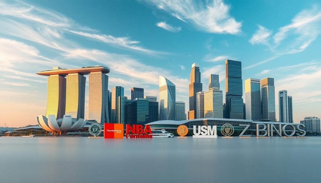 Prompt A sleek and sophisticated investment portfolio, showcasing a collection of Singapore's blue-chip stocks. The foreground features a well-curated selection of company logos, expertly arranged to create a harmonious and visually appealing composition. The middle ground presents a city skyline of Singapore's iconic skyscrapers, bathed in a warm, golden light that reflects the financial district's prosperity. In the background, a serene, azure-hued sky with wispy clouds adds a sense of tranquility and stability, reflecting the long-term growth potential of these top-performing Singapore stocks. The image conveys a sense of confidence, reliability, and the promise of solid returns for the discerning investor.
