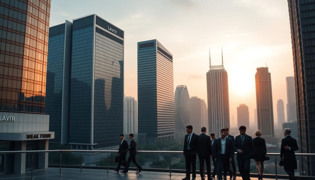 Prompt A sophisticated skyline of high-rise buildings, sleek and modern, with a subtle yet powerful presence. In the foreground, the facades of prominent law firms stand out, their names and logos emblazoned in bold, reflecting the strength and expertise of Singapore's top criminal defense practices. Midground features well-dressed professionals entering and exiting the buildings, conveying a sense of industrious activity. The background is a hazy, atmospheric cityscape, with a warm, golden glow from the setting sun casting a mood of prestige and success. The overall scene exudes an air of authority, competence, and the pursuit of justice.