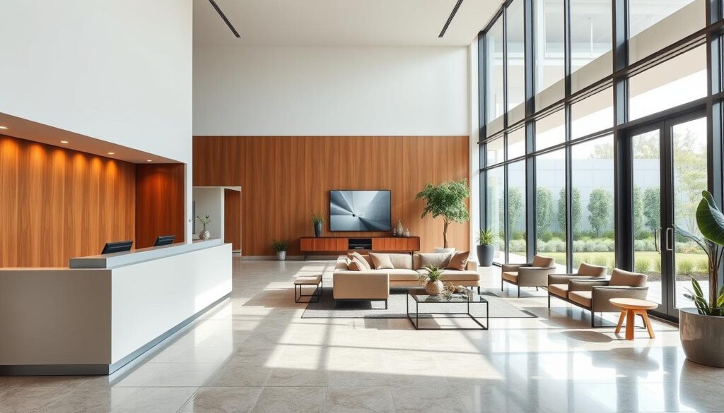 Prompt A spacious, elegantly designed interior of an established interior design firm. The lobby features high ceilings, modern minimalist furniture, and large windows that flood the space with natural light. In the foreground, a sleek reception desk with a warm, wood-paneled wall behind it. The middle ground showcases a seating area with plush sofas and armchairs arranged around a low, glass-topped coffee table. The background reveals a view of a well-manicured courtyard garden, visible through the expansive windows. The overall atmosphere exudes a sense of professionalism, sophistication, and a long history of design excellence.
