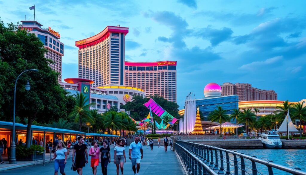 Resorts World Sentosa, a sprawling, modern integrated resort nestled on the southern tip of Singapore. Soaring architecture and lush greenery frame the bustling scene, with towering hotels, glittering entertainment complexes, and a stunning marina backdrop. Vibrant colors and dynamic lighting create an atmosphere of energy and excitement, inviting visitors to explore the many attractions and experiences on offer. In the foreground, families stroll along the waterfront promenade, taking in the sights and sounds of this one-of-a-kind destination. Crisp, high-resolution photography captures the grandeur and allure of Resorts World Sentosa, a true gem in Singapore's tourism landscape.