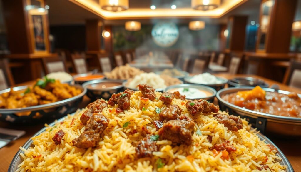 Saffrons Restaurant's biryani collection, a vibrant display of culinary excellence. In the foreground, a generous serving of fragrant, slow-cooked biryani rice, adorned with tender chunks of marinated meat and fragrant spices. The middle ground features an array of authentic Indian accompaniments, from tangy raita to flavorful chutneys, expertly crafted to complement the biryani. The background showcases the warm, inviting ambiance of Saffrons' interior, with soft lighting casting a cozy glow over the scene. Captured with a wide-angle lens, this image conveys the grand, 24-hour biryani experience that Saffrons Restaurant is renowned for, inviting the viewer to savor the culinary delights of Singapore's premier biryani destination.