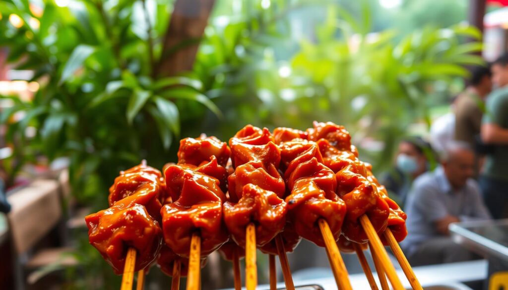 Satay skewers sizzling under a warm, golden glow, the charcoal-grilled meat glistening with a tantalizing peanut sauce glaze. In the foreground, the skewers are neatly arranged, each stick showcasing succulent bite-sized morsels. The middle ground features a backdrop of lush green foliage, hinting at the tropical setting of a bustling Singapore hawker center. The overall atmosphere exudes a mouthwatering aroma and a sense of casual, outdoor dining. The image captures the essence of this iconic Singaporean street food - a perfect representation of the "Satay: Skewered and Grilled Perfection" section.